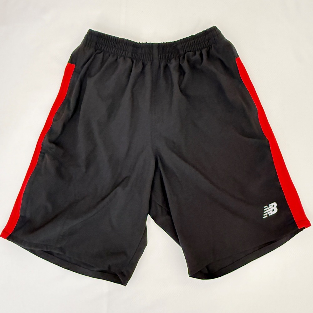 New‎ Balance Mens Running Shorts Black Red Stripe Medium Elastic Waist Pockets